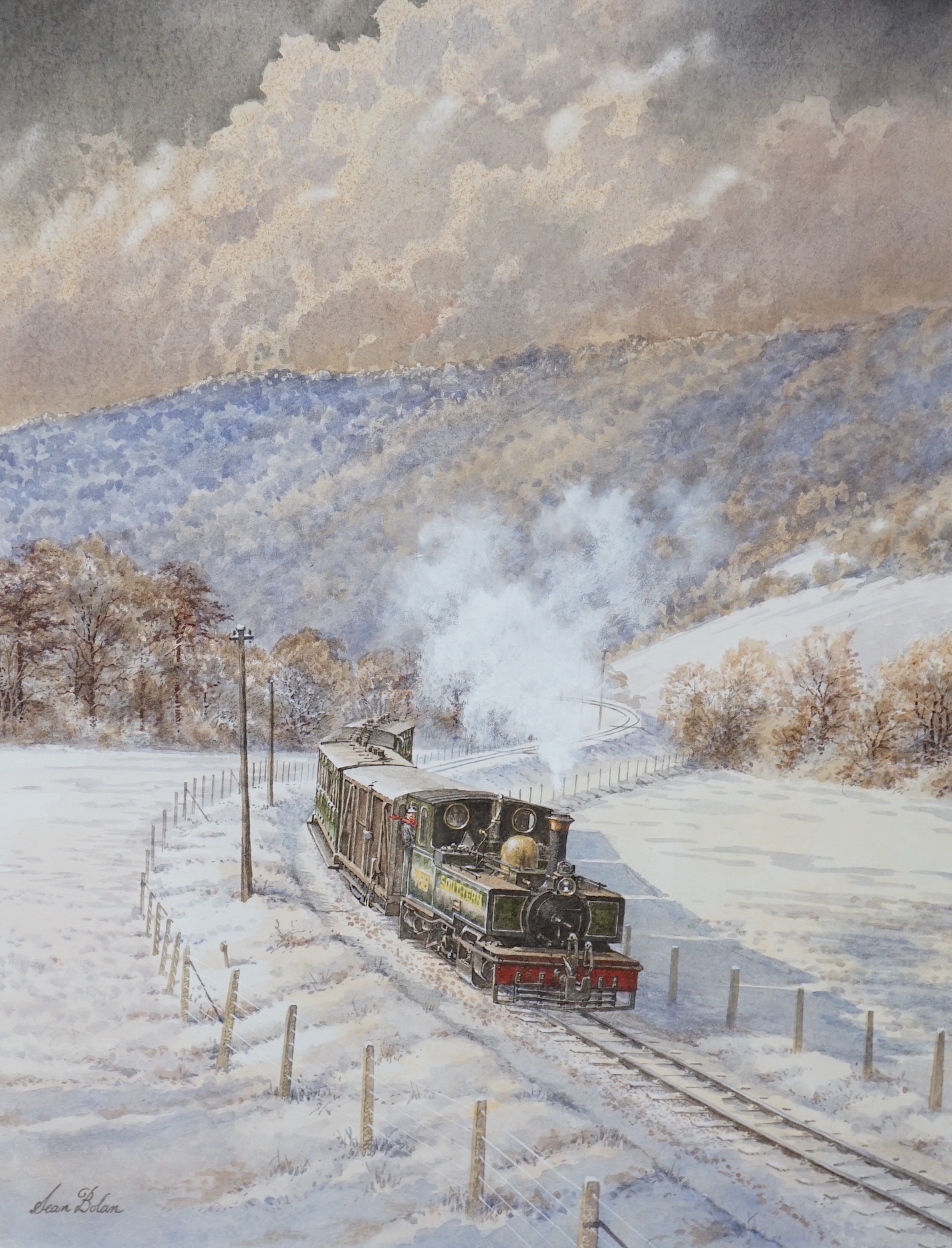 Jean Bolan (20th C.), railway interest watercolour, ‘On Down Train, Near Snapper Halt’, signed, 35 x 27cm